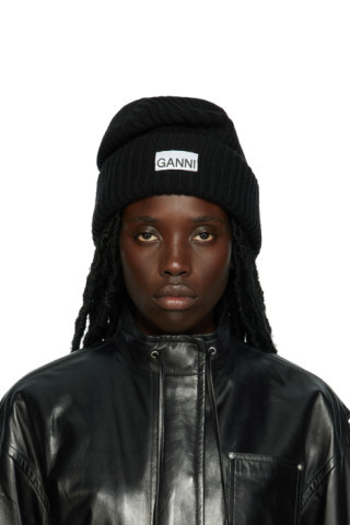 GANNI - Black Patch Beanie | SSENSE