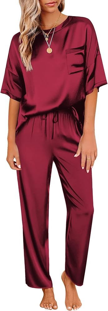 Ekouaer Womens Satin Silky Pajama Set Short Sleeve Shirt with Long Pajama Pant Set ... | Amazon (US)
