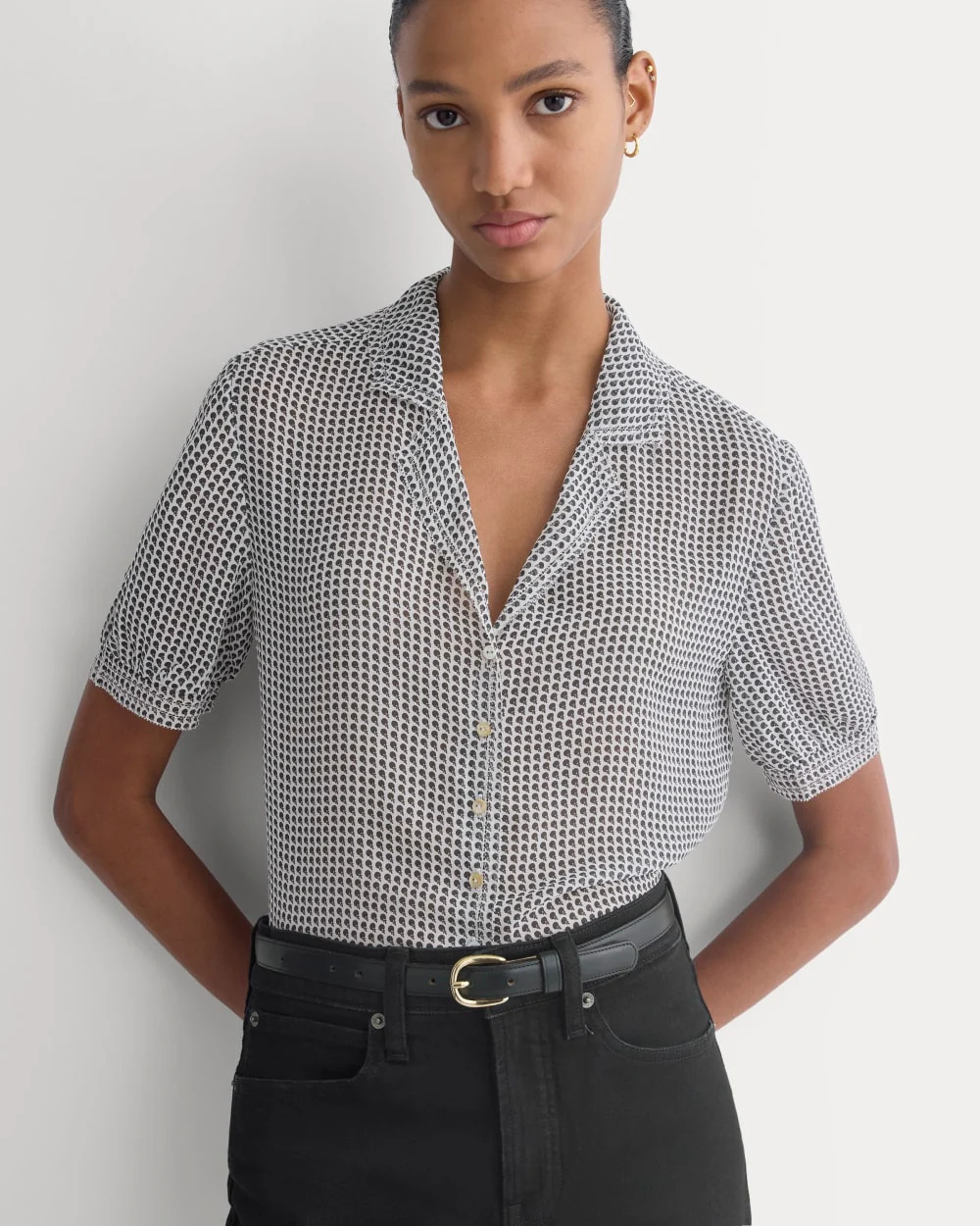 Notch Collar Shirt in Silk Georgette | Gardenia/Black Micro Dot | Everlane