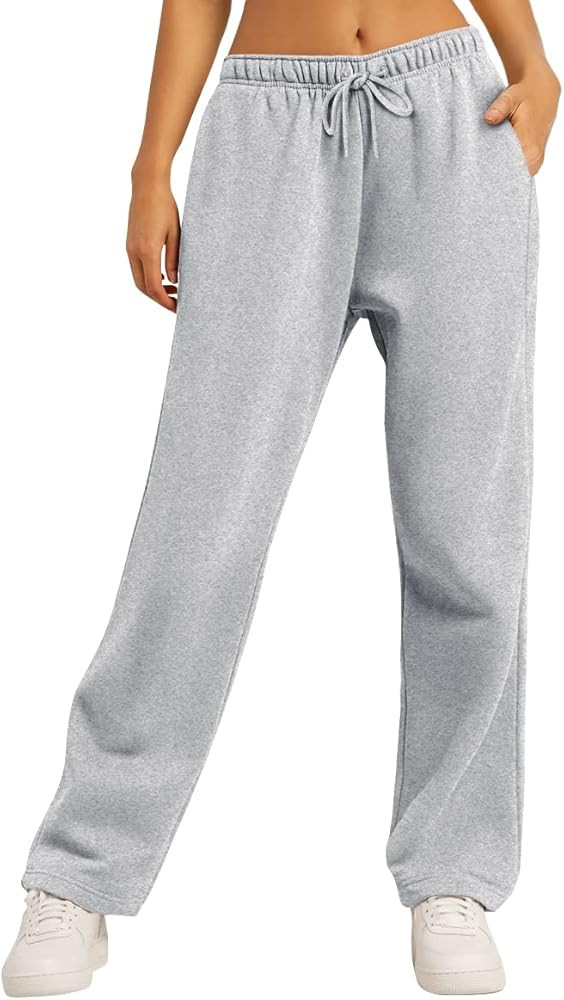 AUTOMET Women’s Fleece Lined Sweatpants Baggy Wide Straight Leg Pants | Amazon (US)