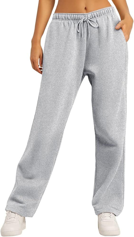 AUTOMET Women’s Fleece Lined Sweatpants Baggy Wide Straight Leg Pants | Amazon (US)