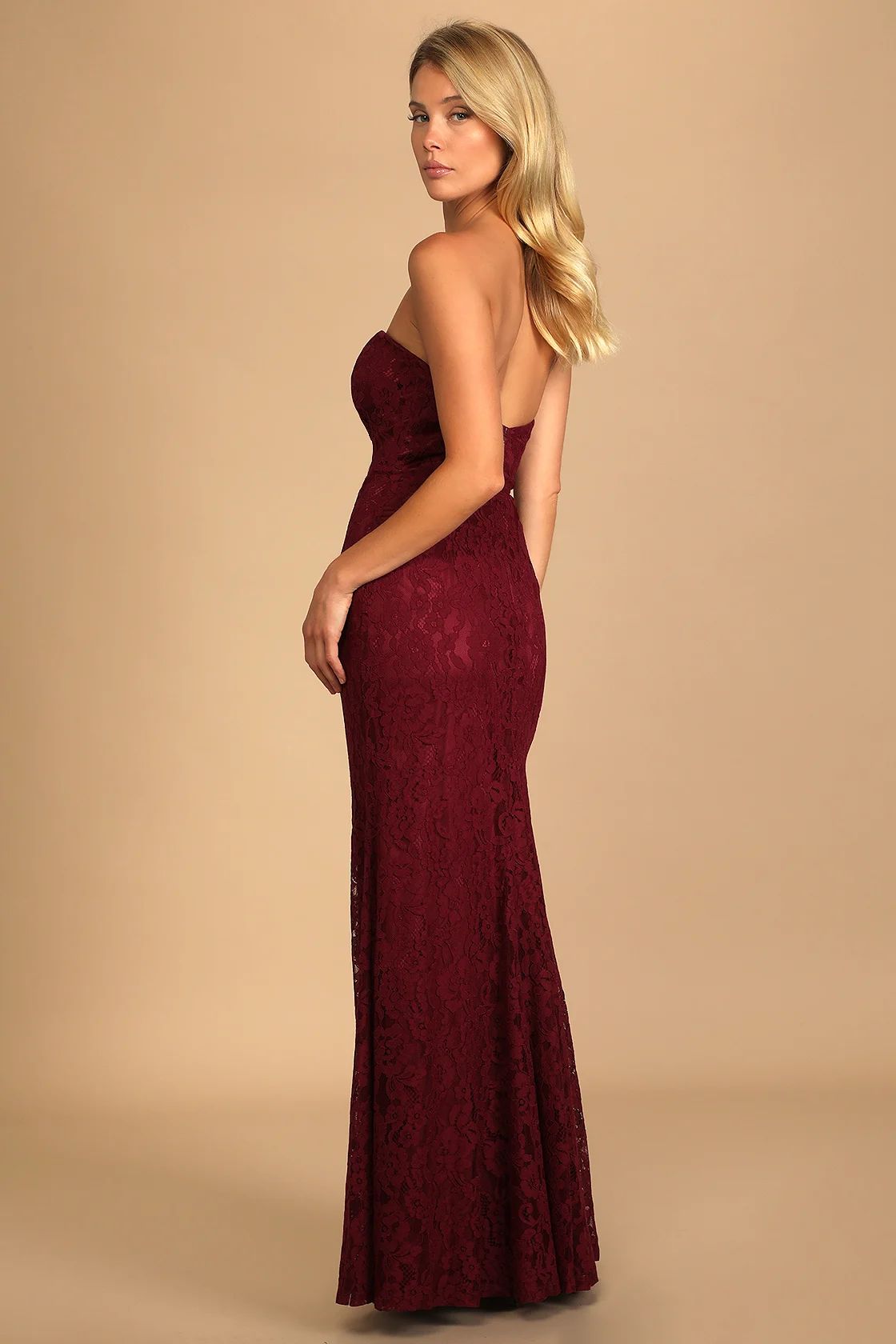 Wow the Crowd Burgundy Lace Strapless Mermaid Maxi Dress | Lulus (US)