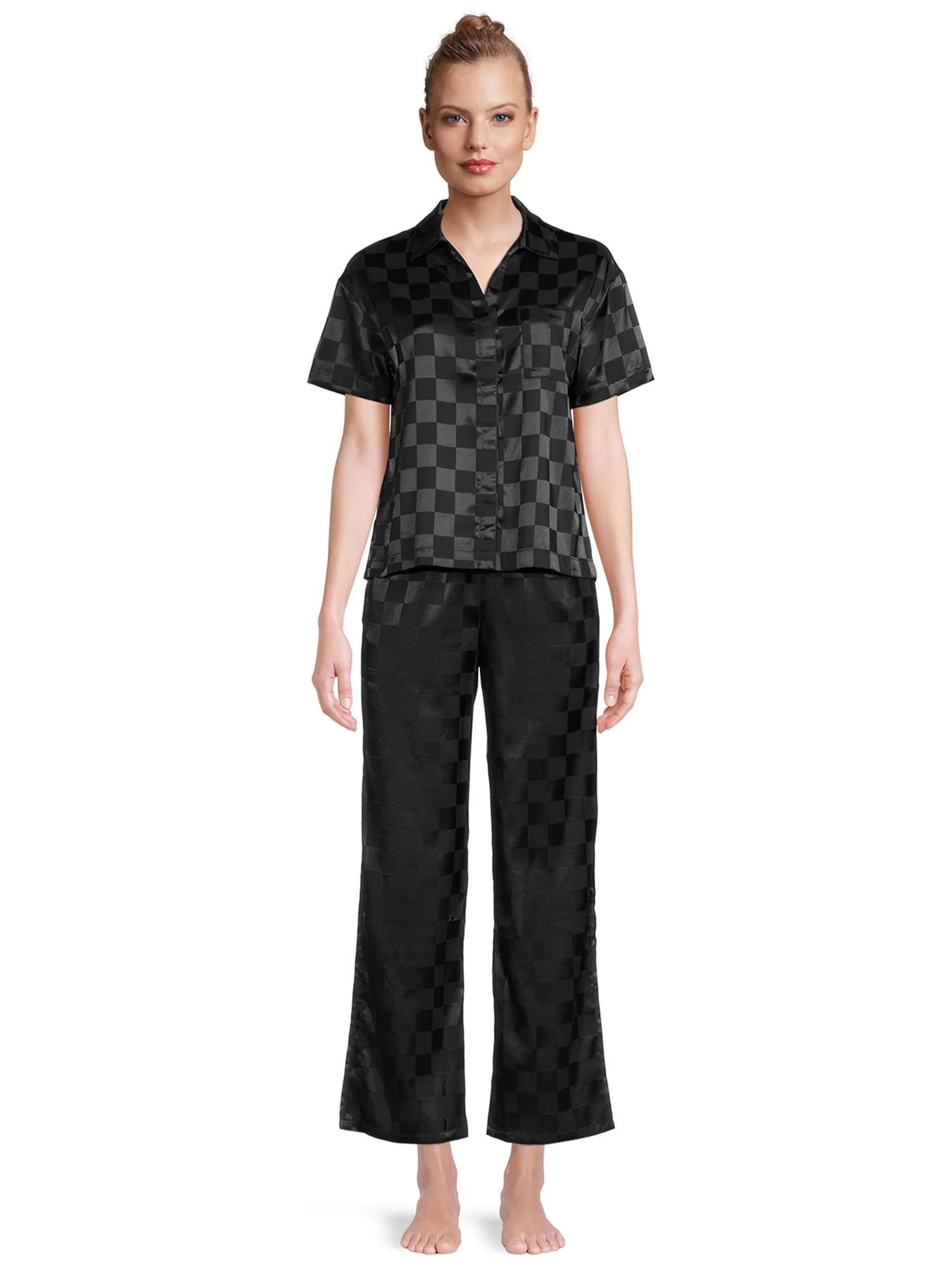 Lissome Women's and Women's Plus Satin Checkered Boxy Crop Top and Pants Sleep Set, 2-Piece | Walmart (US)