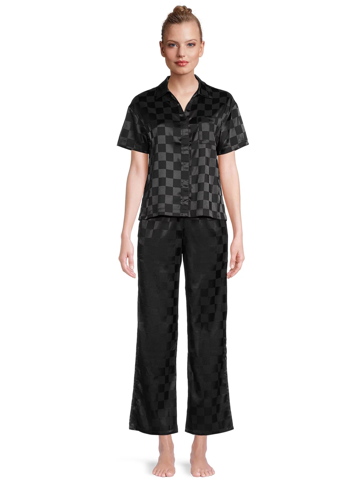 Lissome Women's and Women's Plus Satin Checkered Boxy Crop Top and Pants Sleep Set, 2-Piece | Walmart (US)