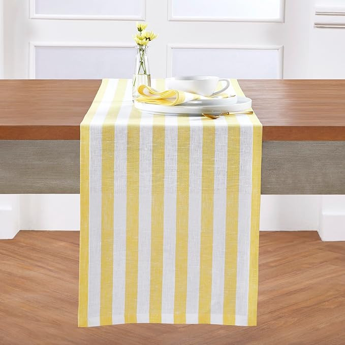 Solino Home Linen Table Runner 48 Inches - Sorrento Stripe 100% Pure Linen Yellow and White Farmh... | Amazon (US)