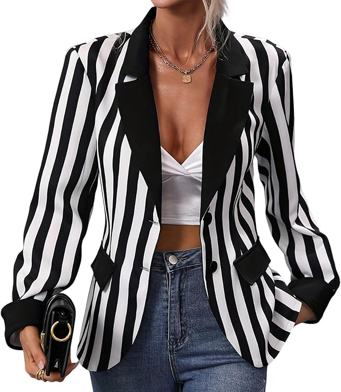IBTOM CASTLE Women's Black White Stripes Blazers Casual Button Long Sleeve Jacket Halloween Work ... | Amazon (US)