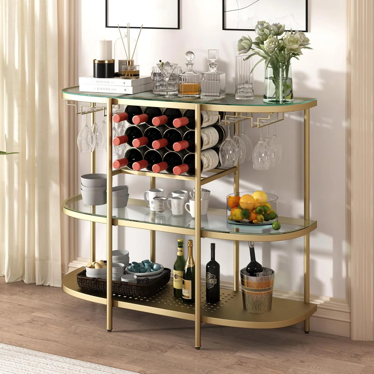 Itasca Metal Wine Bar Stand with 4-Tier Storage, Tempered Glass Wine Rack Table with Glass Holder... | Wayfair North America