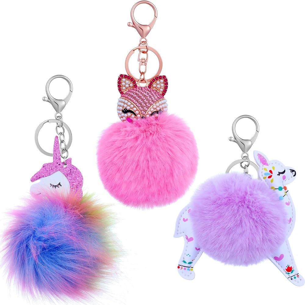WILLBOND 3 Pieces Animal Pom Pom Keychain Cute Fluffy Key Ring Unicorn Keychain for Women Bag Acc... | Amazon (US)