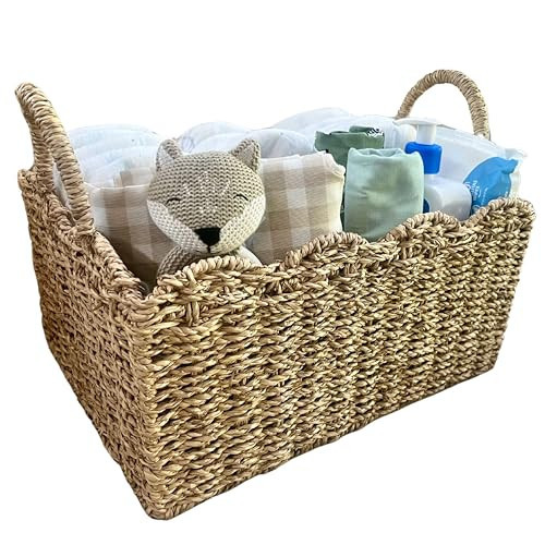 Vivika Wicker Diaper Caddy Organizer - Handmade Diaper Basket for Changing Table Organizer, Cute Woven Scalloped Basket in Premium Seagrass with Dividers and Handles, Baby Dresser Storage for Nursery | Amazon (US)
