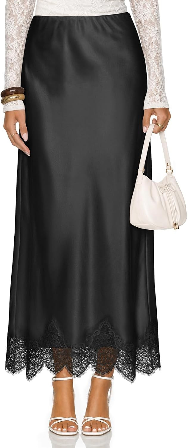 MEROKEETY Satin Lace Trim Maxi Skirts High Waisted Long Skirt for Women | Amazon (US)