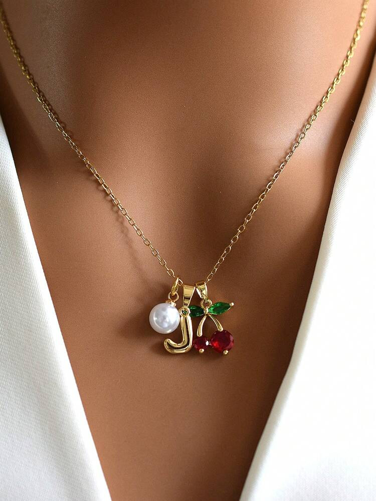1pc Cherry Pendant Necklace With 26 Letter Faux Pearl Gold Tone Chain For Women | SHEIN