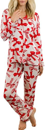 LILTWIST Pink Bow Pajamas for Women Cute Christmas Print 2 Piece Preppy Pjs with Bows Long Sleeve Shirts Lounge Pj Pants Set | Amazon (US)