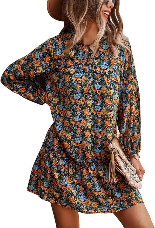 KIRUNDO Women's Long Sleeve Tie Neck Ruffle Floral Print Boho Dresses Casual Loose Pleated Swing ... | Amazon (US)