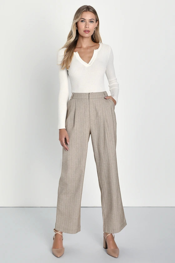 Professionally Posh Beige and White Pinstriped Wide Leg Pants | Lulus (US)