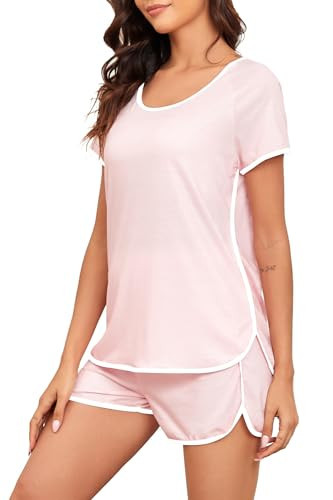 FKEEP Stripe Pajamas Set Women Two-Piece Nightwear Short Sleeve Sleepwear Soft Side Split Loungewear Pjs Sets(Solid Pink,Medium) | Amazon (US)