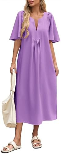 Wenrine Womens Flutter Short Sleeve Maxi Dress Casual V Neck Side Slit Pleated Loose Flowy Summer... | Amazon (US)