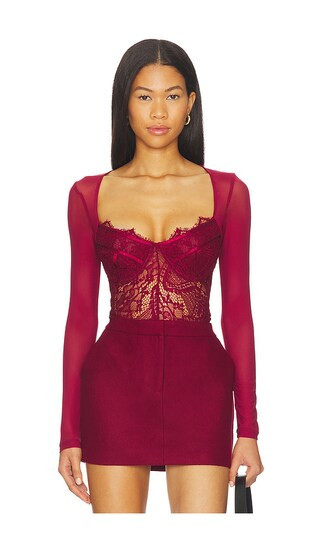 Bardot Farrah Lace Mesh Bodysuit in Burgundy. - size 6 | Revolve Clothing (Global)