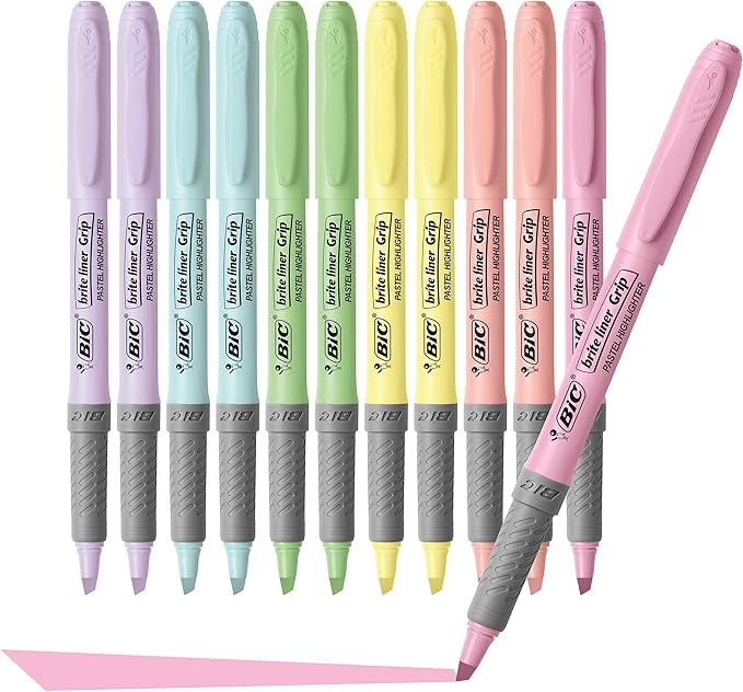 BIC Brite Liner Grip Pastel Highlighter Set, Chisel Tip, 12-Count Pack of Pastel Highlighters in ... | Amazon (US)