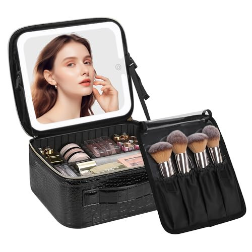 Chomeiu Makeup Bag with LED Mirror, Travel Makeup Case for Women and Makeup Artists Cosmetic Organizer Large Make Up Bags with Light Up Mirror, 3 Color Lights, Adjustable Dividers, Crocodile Pattern | Amazon (US)