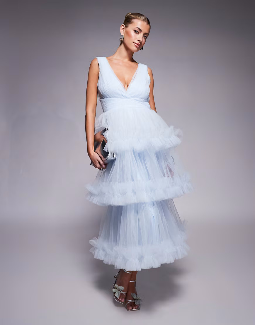 Lace & Beads ruffle tiered midaxi dress in sky blue | ASOS (Global)