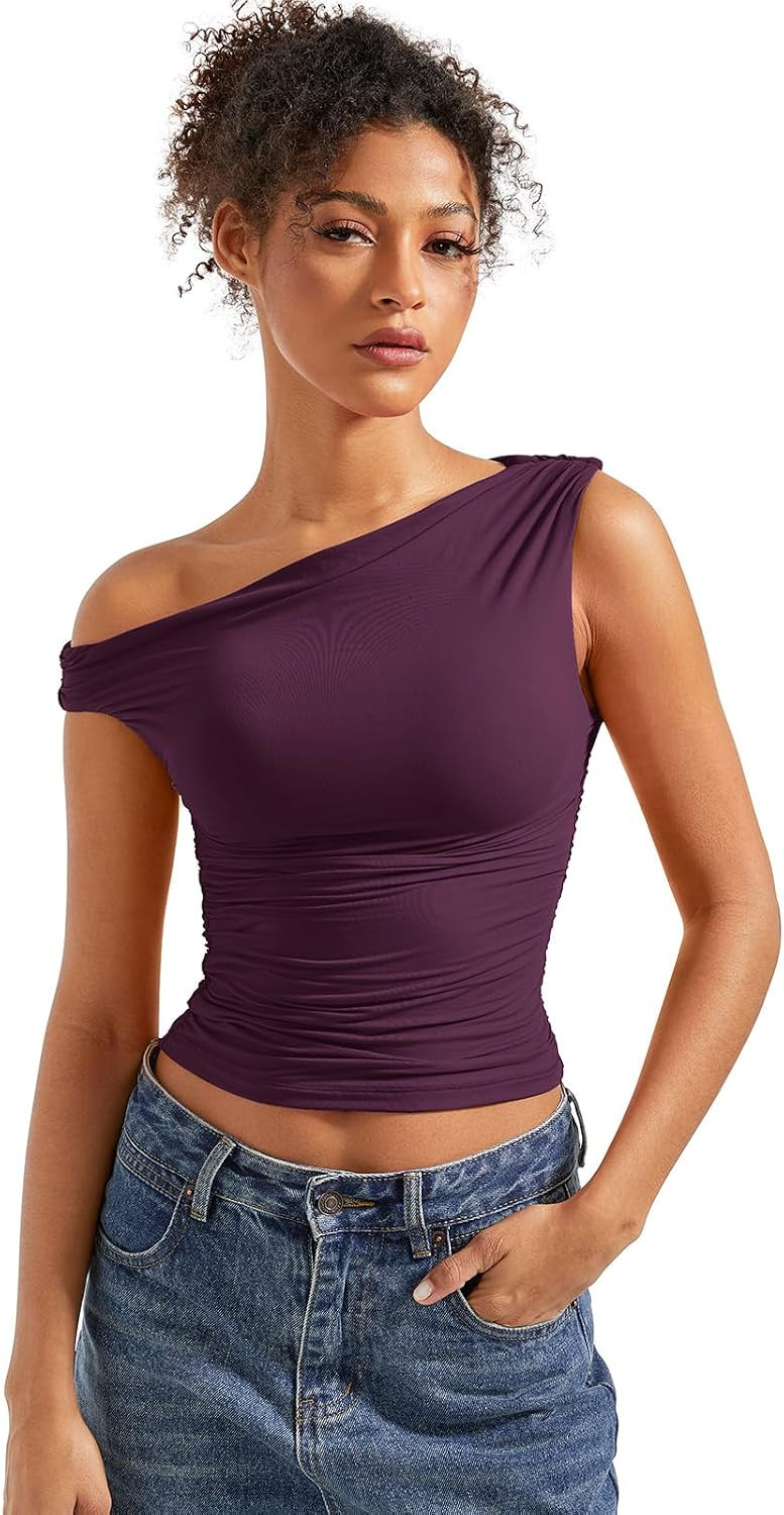 SUUKSESS Women Off Shoulder Tops Fitted Sleeveless Shirt Going Out Crop Top | Amazon (US)
