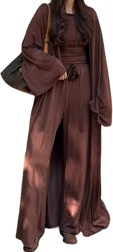 Geulis Women's 3 Piece Lounge Sets Long Sleeve Shirts Long Cardigan Wide Leg Pants Tracksuits Tra... | Amazon (US)