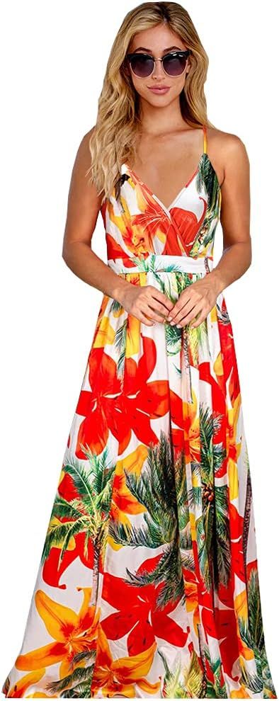 AEL Women's Bohemia Floral Dress Criss-Cross Backless Adjustable Straps Summer Beach Casual Floor... | Amazon (US)