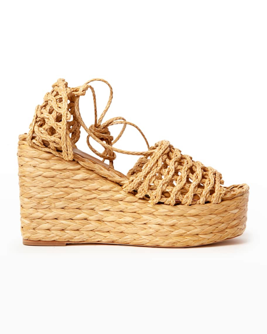 Paloma Barcelo Brais Platform Raffia Wedge Sandals | Neiman Marcus