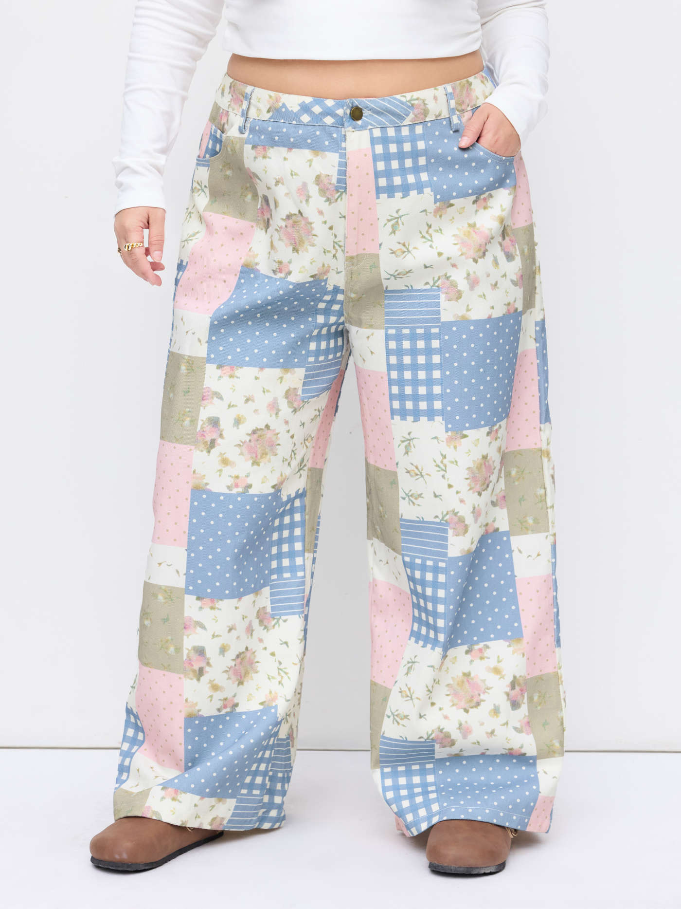 Woven Cotton Mid Rise Floral & Polka Dot & Gingham Colorblock Patched Wide Leg Trousers Curve & P... | Cider