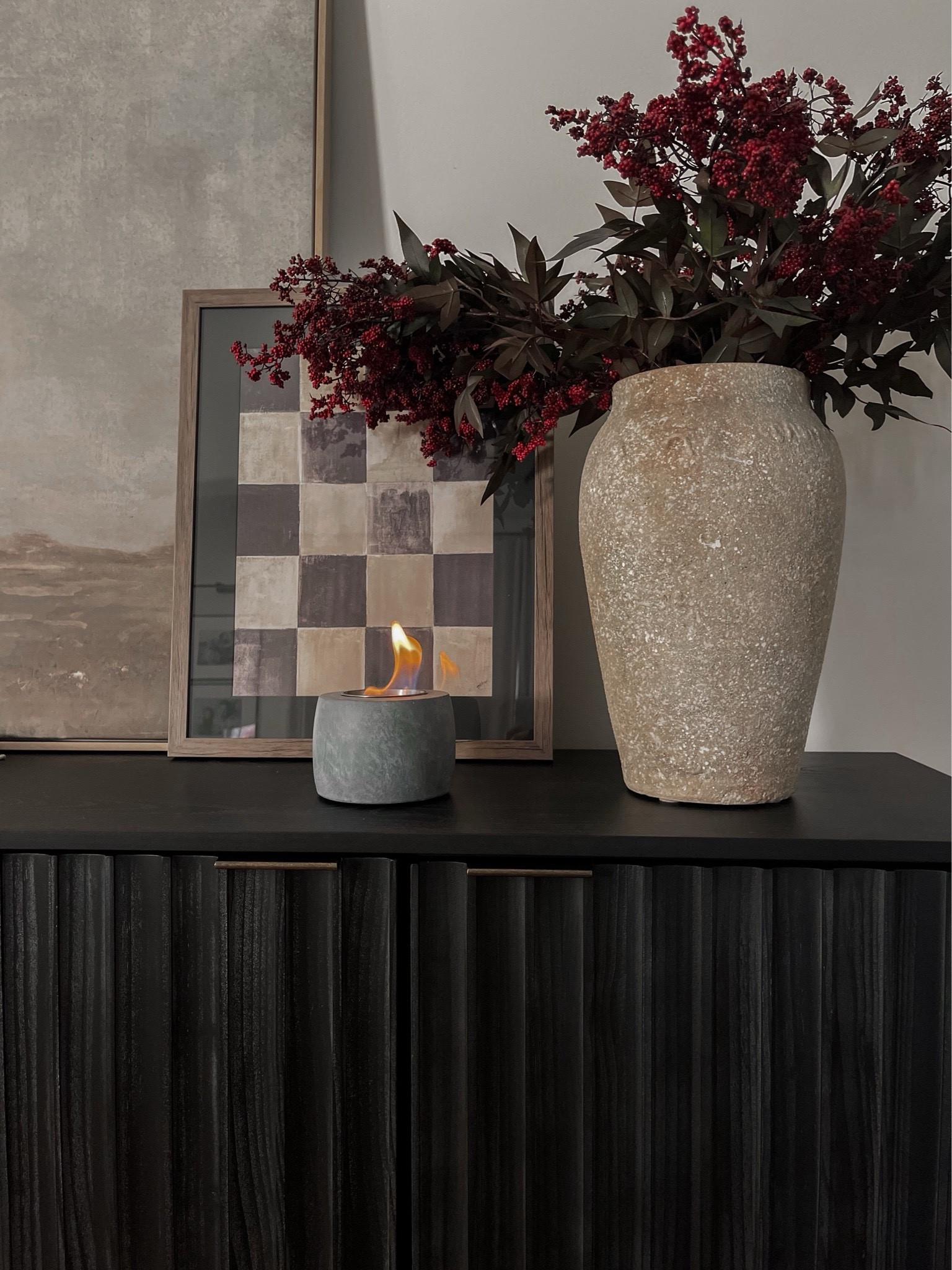 Affordable tabletop fire pit. 

Checkerboard wall art, Gifts for him, gift idea, fire pit, checkered art, jcPenney, Afloral, winter stems, scalloped cabinet, living room decor

#LTKfindsunder50 #LTKhome #LTKSeasonal