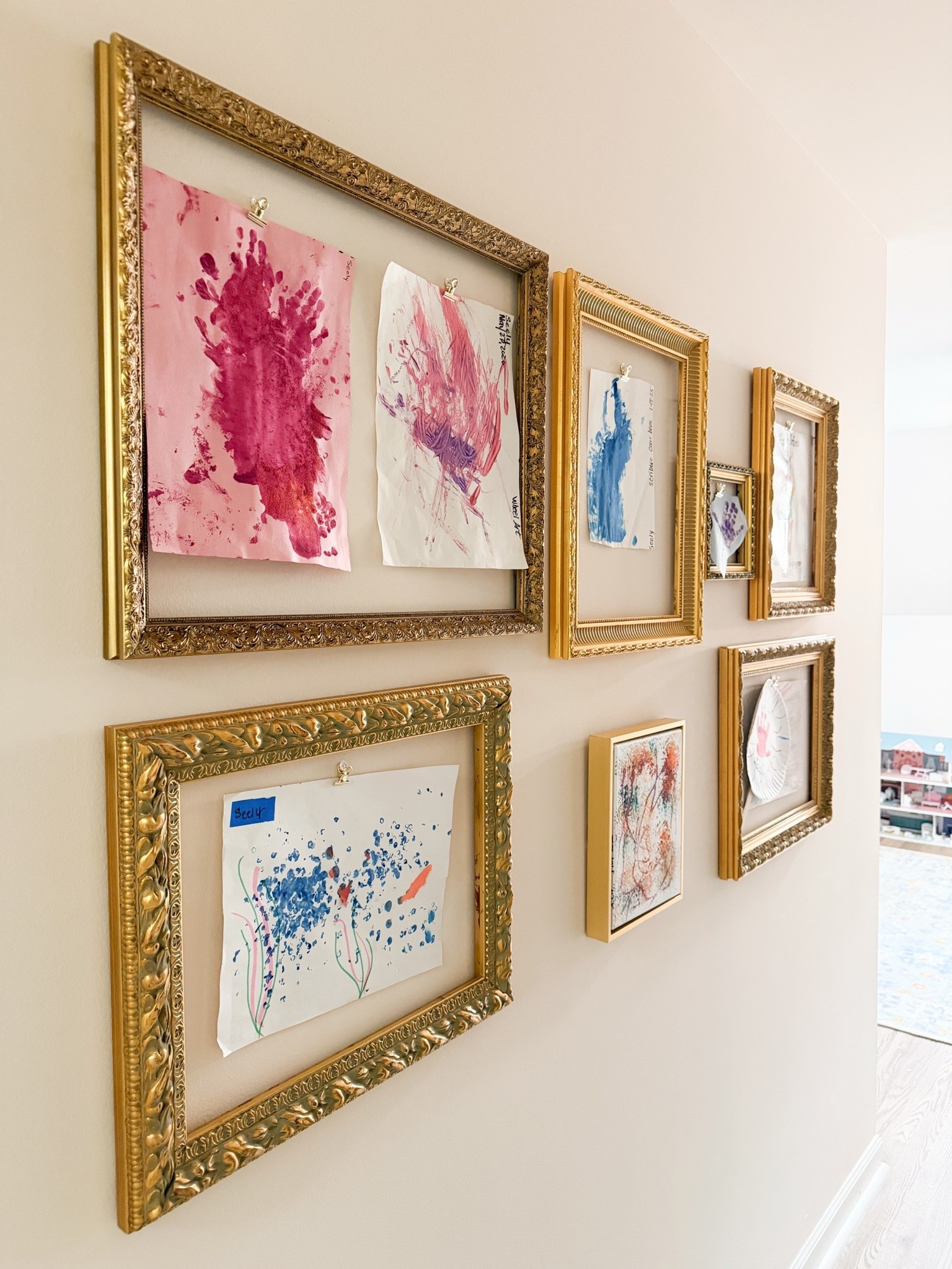 Gallery wall to easily display kids art work! I used open frames so that it’s easy to switch them out, and attached the gold metal clips to the wall by using a clear thumb tack. Seely loves walking into her playroom and seeing her art on the walls!

#LTKmomlife #LTKKids #LTKHome