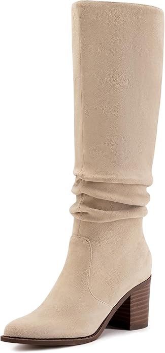 Athlefit Womens Knee High Chunky Heel Boots Faux Suede Pointed Toe Side Zipper Boots | Amazon (US)