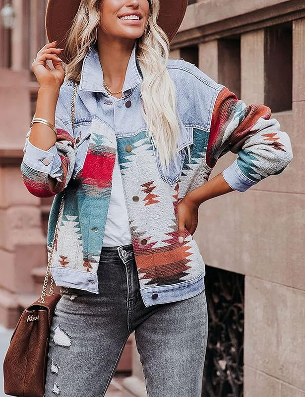 Joiemont Womens Aztec Denim Jacket Lapel Button Down Print Coat Long Sleeve Vintage Denim Shacket | Amazon (US)