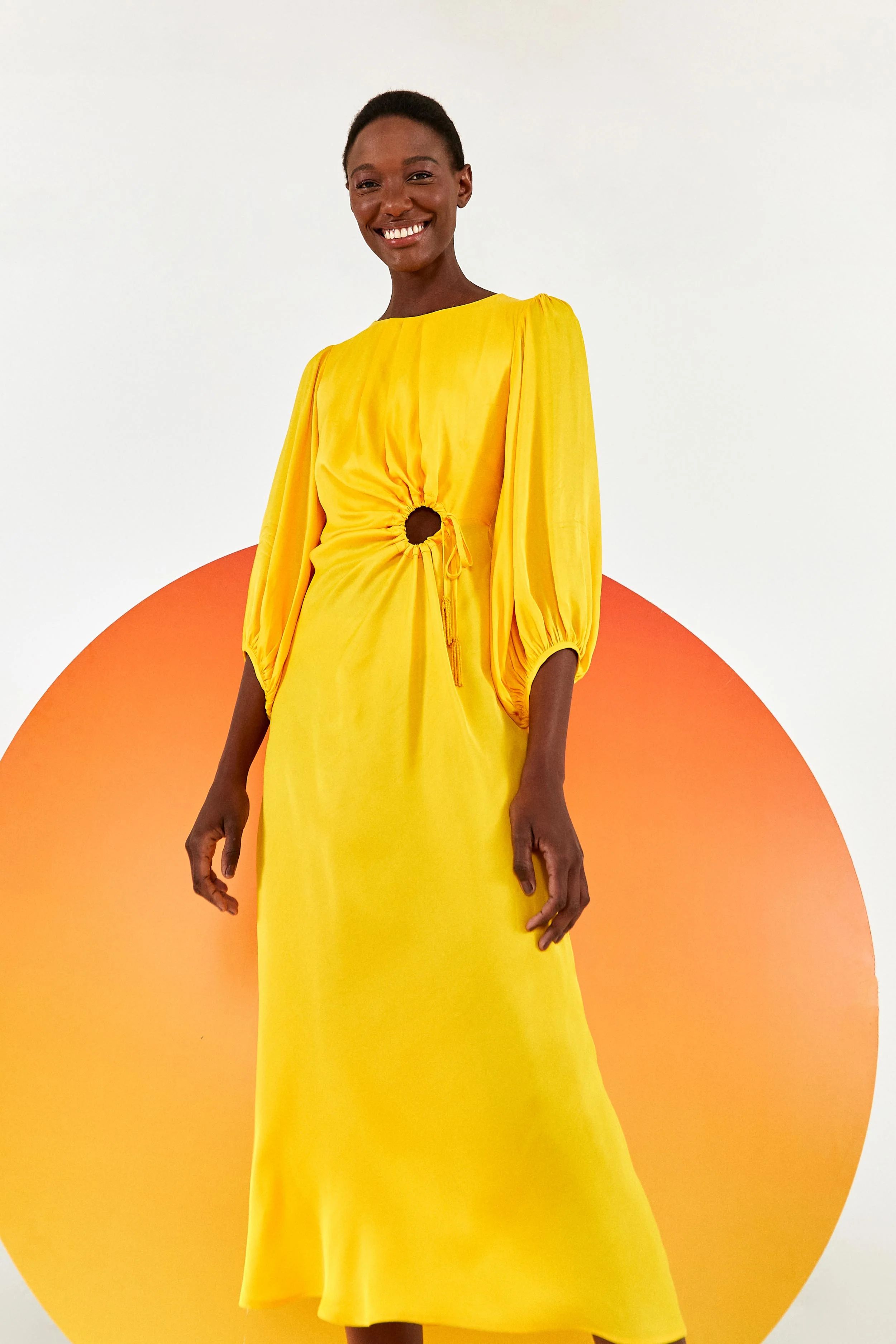 Yellow CUT OUT DRESS | Midi | Front Circle Detailing | FarmRio