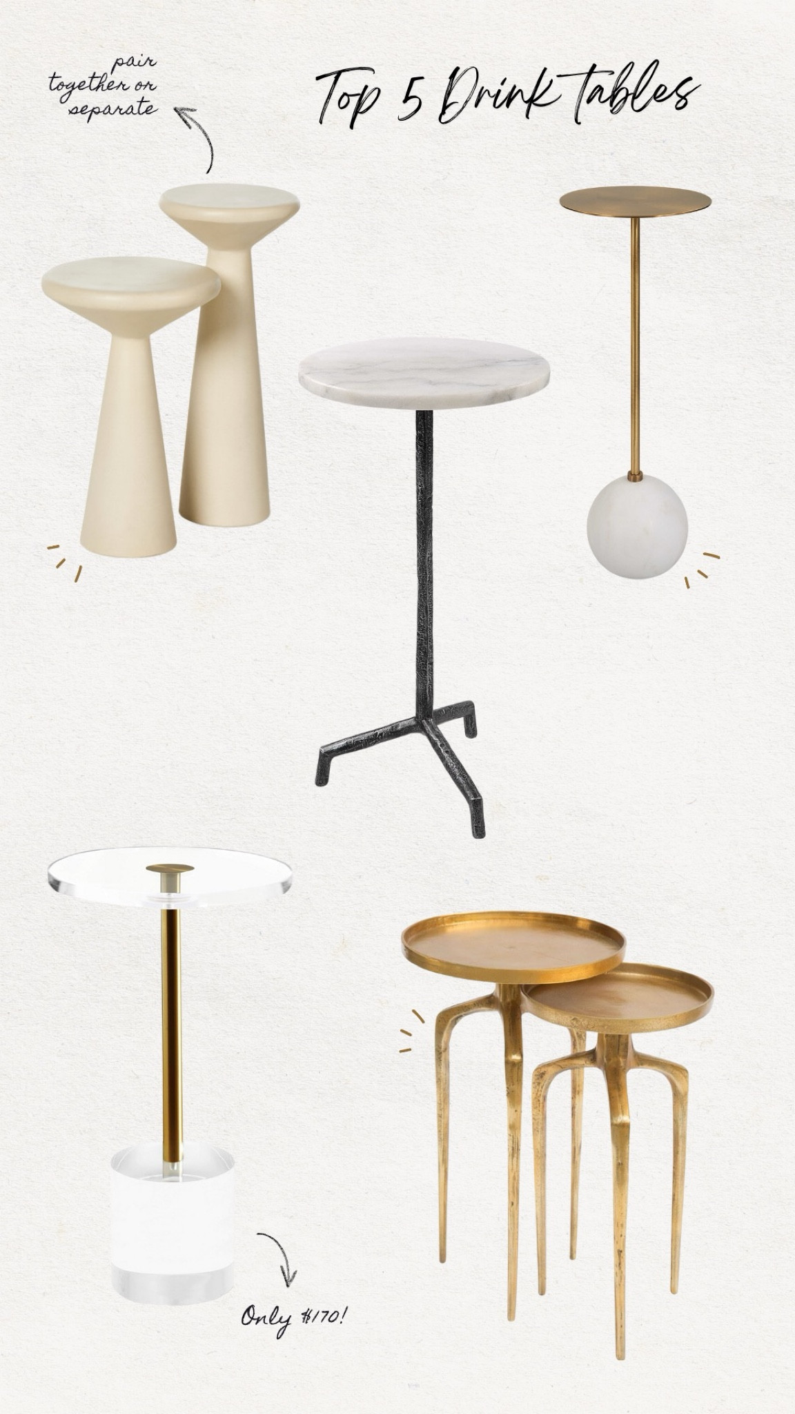 Our favorite drink tables! We love the versatility of these tables! Lightweight to move around anywhere in your home! Next to your sofa, fireplace, ottoman the options are endless!