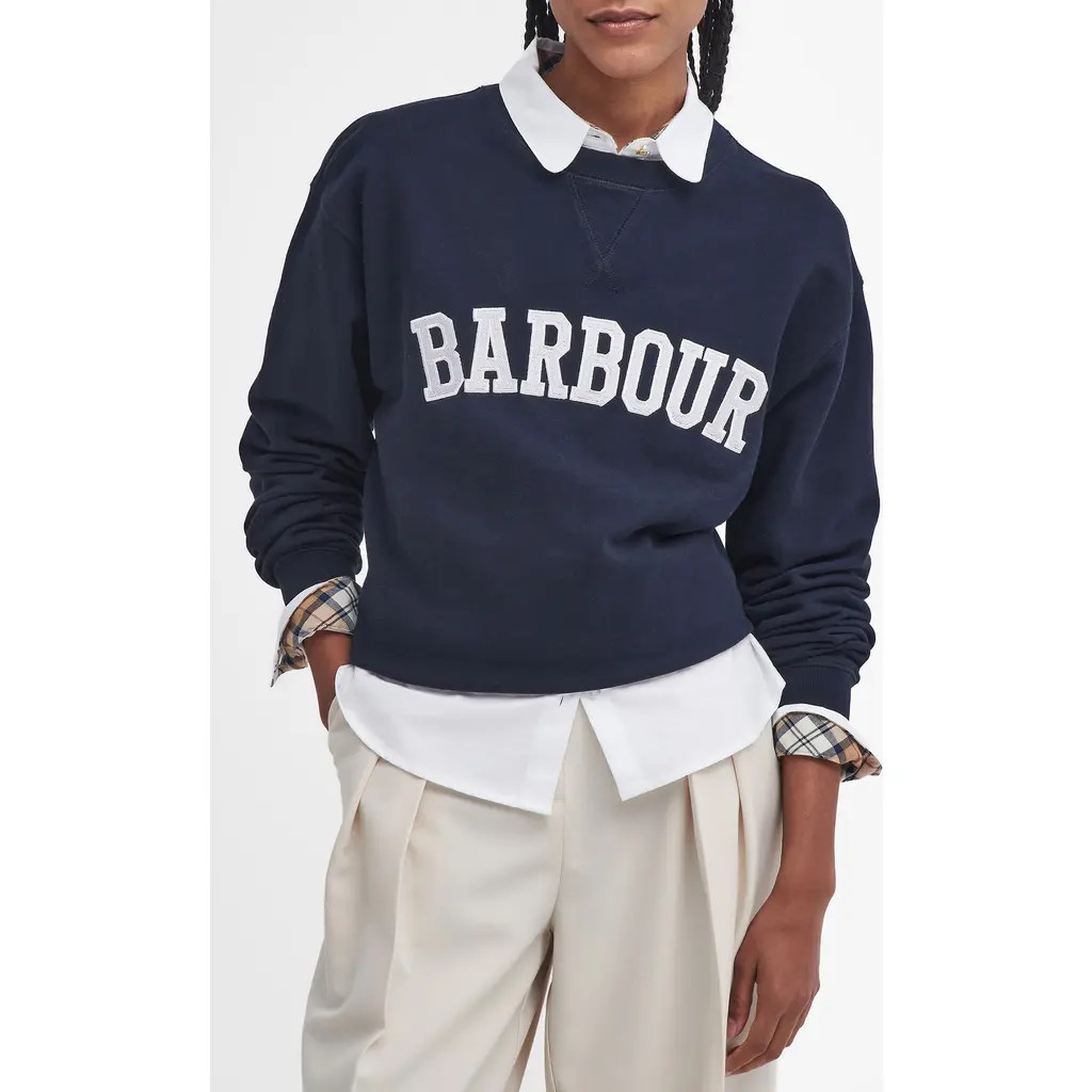 Barbour Northumberland Logo Embroidered Cotton Graphic Sweatshirt in Navy Cloud at Nordstrom, Size 4 Us | Nordstrom