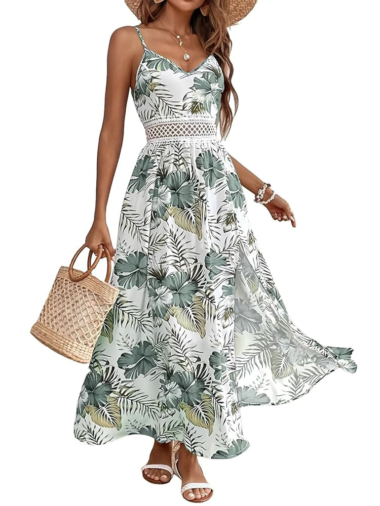 Women's Spaghetti Straps Floral Maxi Dress Boho Summer Sleeveless V-Neck Flowy Dress for Beach Ha... | Amazon (US)