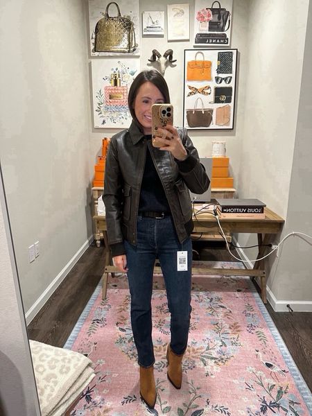 leather bomber jacket (size up! Wearing a medium), Vince sweater (xs) with agolde jeans (25) and frame belt (xs) and western boots



#LTKstyletip #LTKfindsunder100 #LTKSeasonal