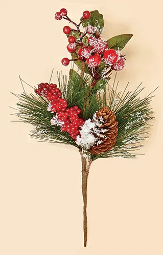 13" Snowy Waterproof Red Berry Pine Cone Pine Spray | Wayfair North America