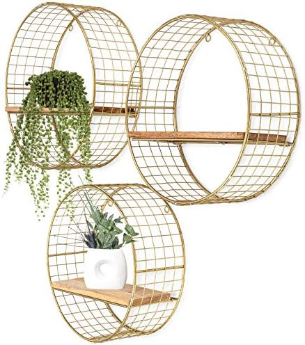 Set of 3 Gold Round Floating Shelves, Circular Wall Shelves as Boho Bathroom, Living Room, Kitchen & | Amazon (US)