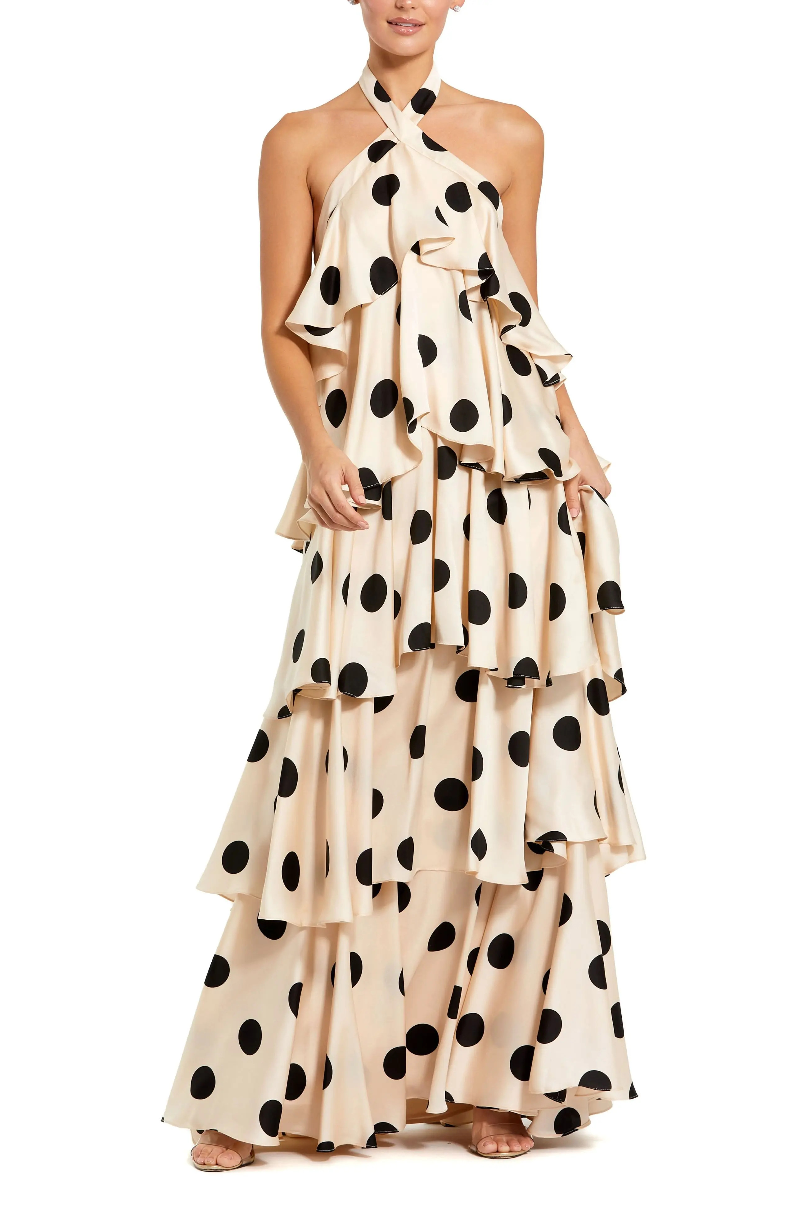 Mac Duggal Polka Dot Charmeuse Halter Tiered Ruffle Gown (Women) | Nordstrom | Nordstrom