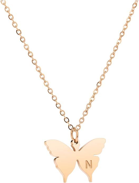 Meibai Dainty Rose Gold Initial Butterfly Pendant Necklace Butterfly Initial Letter Necklace Birt... | Amazon (US)