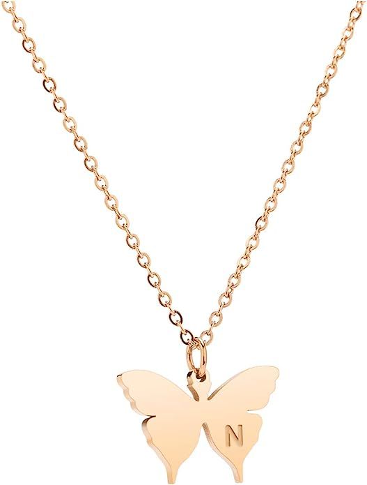 Meibai Dainty Rose Gold Initial Butterfly Pendant Necklace Butterfly Initial Letter Necklace Birt... | Amazon (US)