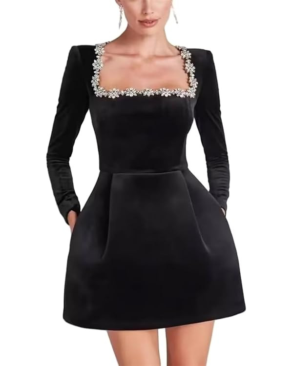 Crystal Square Neck Short Wedding Dresses Long Sleeve Rhinestones Velvet Mini Bridal Gowns with P... | Amazon (US)