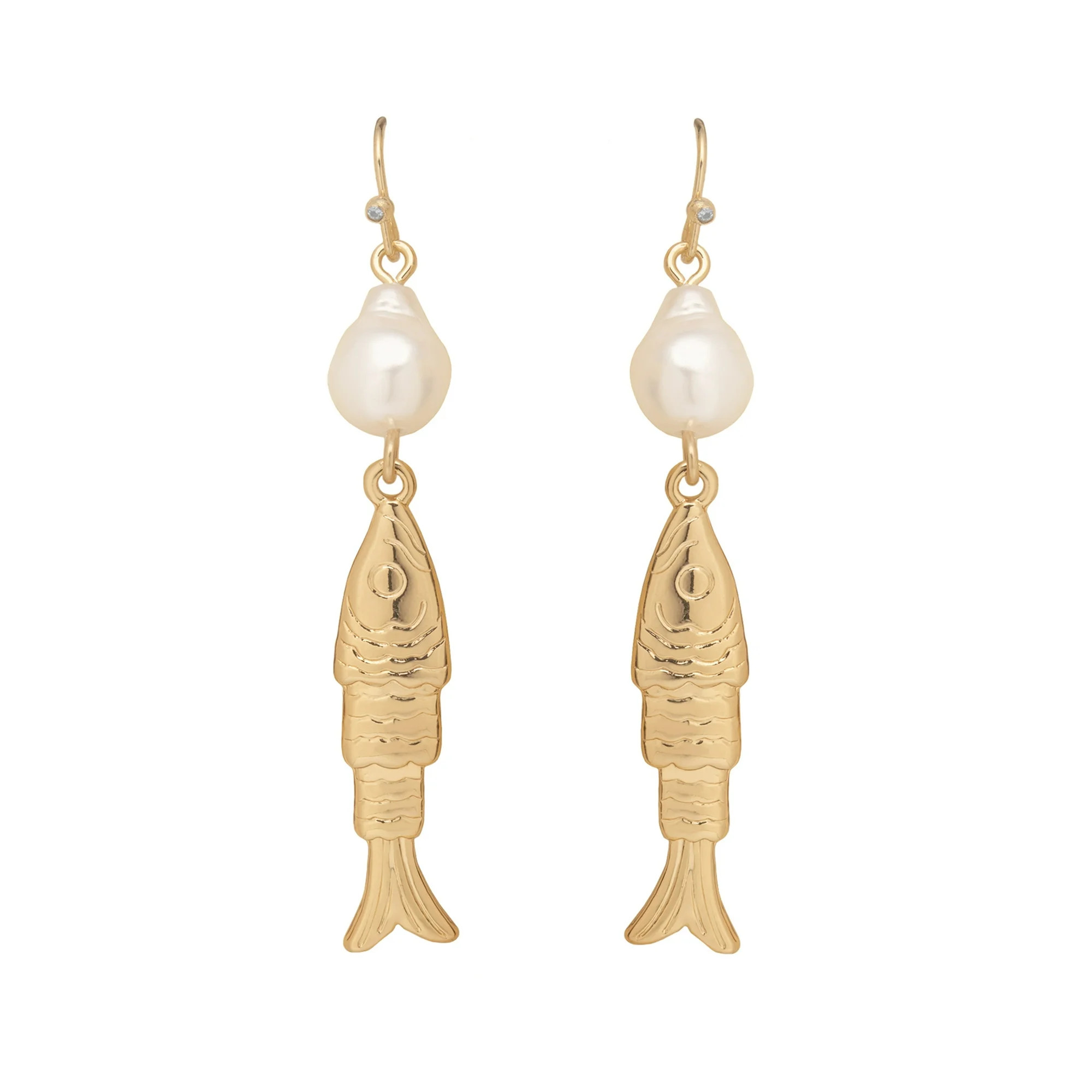 Time and Tru Women's Gold Tone Fish and Pearl Drop Earrings, Fashion Jewelry | Walmart (US)