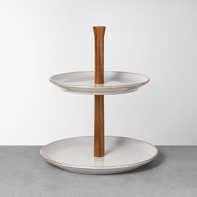 Glazed Round Ceramic & Wood Tiered Serve Stand Gray - Hearth & Hand™ with Magnolia | Target