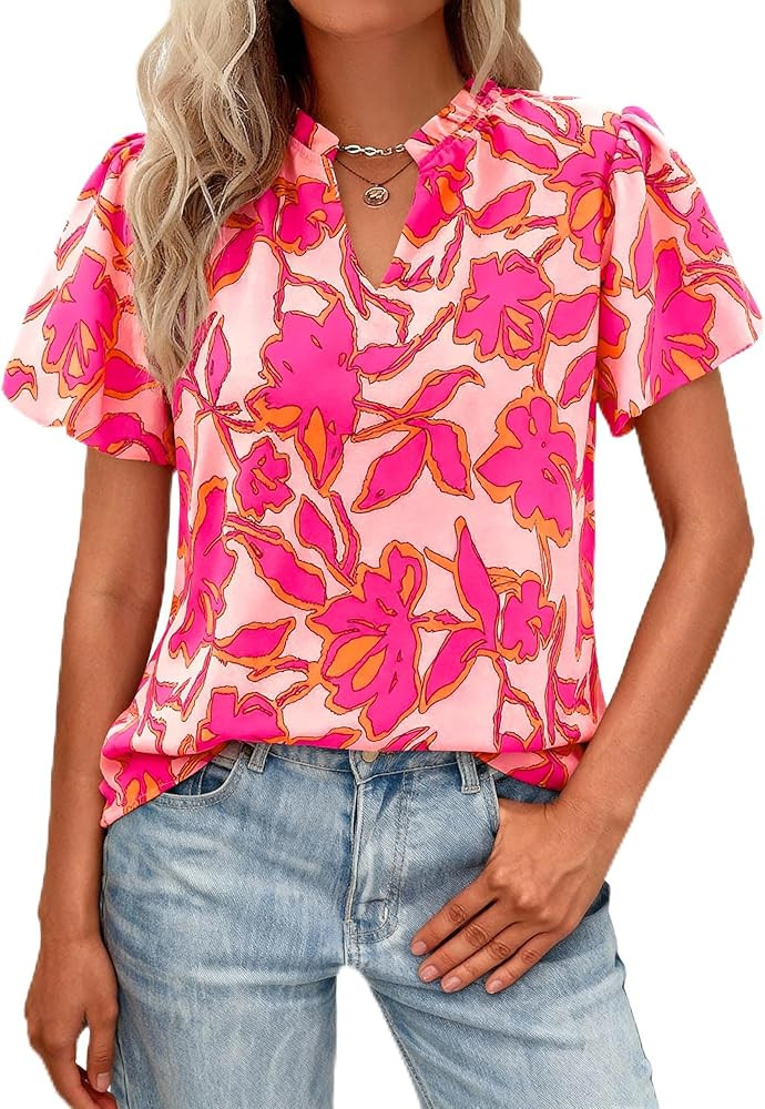 MASCOMODA Boho Short Sleeve Floral Work Blouses for Women Dressy Casual V Neck Puff Sleeve Loose ... | Amazon (US)