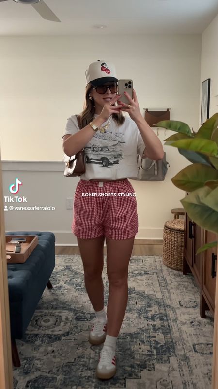 5/8/24 Boxer shorts outfit 🫶🏼 Graphic tee, bronco graphic tee, boxer shorts red boxer shorts, gingham boxer shorts, trucker hat outfit, Adidas sneakers, Adidas sambae sneakers, boxer shorts outfit, casual summer outfits, casual summer fashion, summer fashion trends, summer fashion 2024 