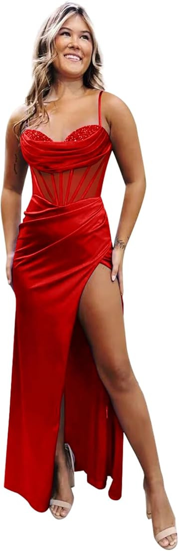 Satin Mermaid Prom Dresses Cowl Neck Spaghetti Straps Beaded Ruched Long Formal Gown with Slit | Amazon (US)