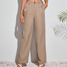 Solid Color Straight Suit Pants With Diagonal Pockets In Khaki | SHEIN